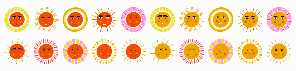 Various personages, happy suns. Social media, diverse mood, spring clipart. For wrapping paper, textile, branding.