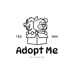 Two cute dogs line art in a box with a hug silhouette on the box for an animal adoption logo business