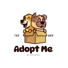 Two cute dogs in a box with a hug silhouette on the box for an animal adoption logo business