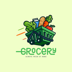 Modern Logo, Vegetable in shopping cart for grocery delivery logo design vector