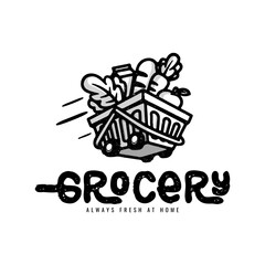 vintage Logo, Vegetable in shopping cart for grocery delivery logo design vector