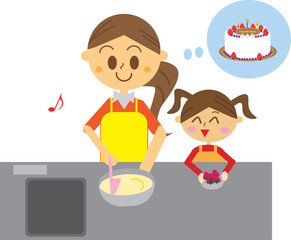 娘の誕生日に親子一緒にケーキ作りをしているイラスト・製菓
