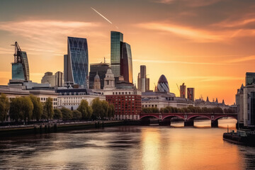 Fototapeta na wymiar london skyline in the sunrise created with Generative AI technology
