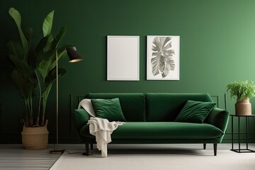 Interior classic living, retro classical style, with loose furniture,brown sofa with a green wall and a 
picture frame. Generative Ai.