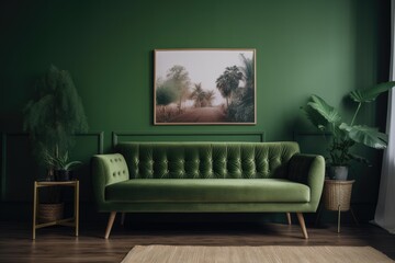 Interior classic living, retro classical style, with loose furniture,brown sofa with a green wall and a 
picture frame. Generative Ai.