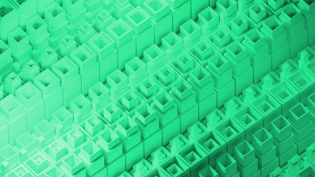 Green and turquoise bright backgrounds. Design. Bright lines of squares rising and falling singly made in cartoon animation.