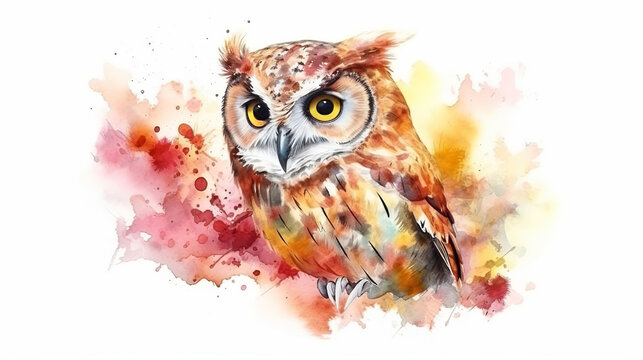 Isolated Watercolor Owl On Black Background, Generative Ai