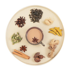 Masala Chai Tea or indian tea and herbs on transparent.