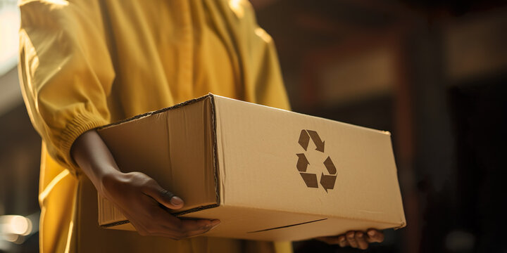 Person carrying box for recycling, environmental concept, image created with AI