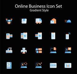 The Online Business icon set includes a variety of symbols that represent the features of an online business such as shopping cart, payment, delivery, product,  and more