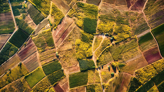 A captivating aerial top view of the intricate patterns created by sun-drenched vineyards and orchards