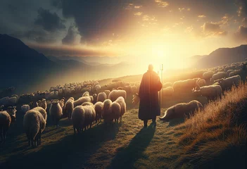 Fotobehang the shepherd guiding the sheep to the light. holiday image, Easter day. Generate Ai © andreichirvas