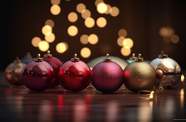 Obraz premium Close up view of beautiful with shiny gold bauble or ball, xmas ornaments and lights, christmas holidays background. Generative Ai.