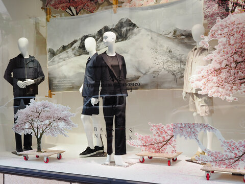 TOKYO, JAPAN - April 13, 2023: A Barneys New York window display for a collaboration with Vitale Barberis Canonico. The store is in Ginza.