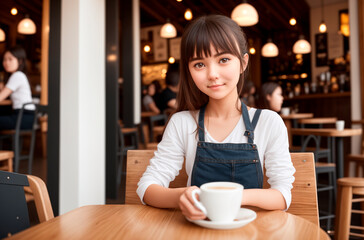 Beautiful girl with coffee at table in cafe. Young smiling woman with coffee cup on coffee break. Generative AI.