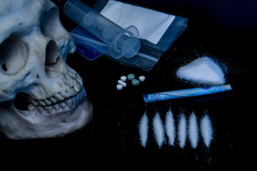 human skull, cocaine, Narcotic concept
