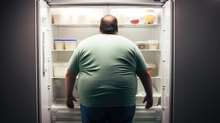 Single fat man standing in front of the opened big cooler. Generative AI.