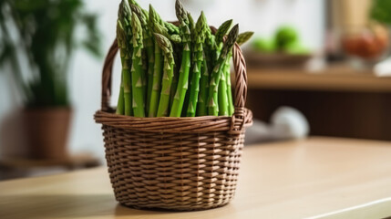 Fresh harvested green asparagus in a basket on a table in the kitchen. Generative AI.