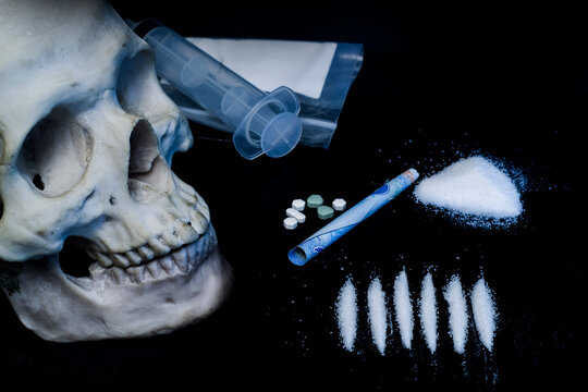 human skull, cocaine, Narcotic concept