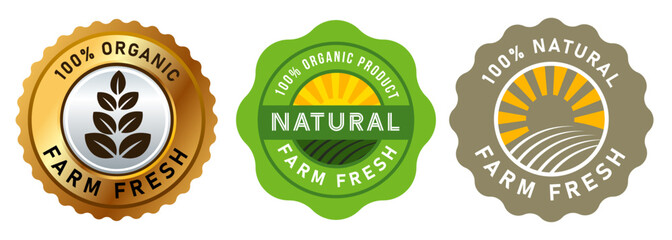 Farm fresh natural round badge stamp label sticker design green gold with leaf and raising sun shine