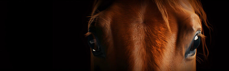 Extreme close up of brown horse eye, banner with copy space, Generative AI