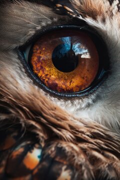Owl's eye extreme close-up, macro photo, Eye of the Short-eared Owl, Asio flammeus. Portrait of Great Grey Owl or Lapland Owl, Strix nebulosa, a very large owl, eye. Generative Ai.