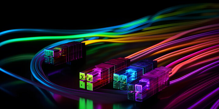 Multicolored electric cables and led, optical fiber background for technology image and new business trends, AI generated