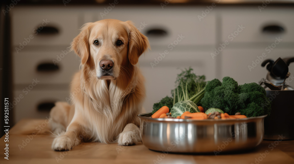 Wall mural Golden retriever dog lying beside its feeding dish filled up with vegetables lying carrotts. Picture is a symbol for vegetarian food for a dog. Generative AI.