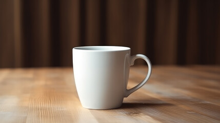 Single white cup standing on a wooden table. Generative AI.