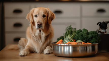Golden retriever dog lying beside its feeding dish filled up with vegetables lying carrotts. Picture is a symbol for vegetarian food for a dog. Generative AI.