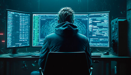 back view of hacker sitting on chair doing hack behind multiple big screens showing charts password numbers, Cybersecurity, computer hacker concept, AI generative.