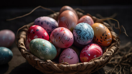 Fototapeta na wymiar Close up of beautiful painted and colored easter eggs lying in a brown basket with dark background. Generative AI.