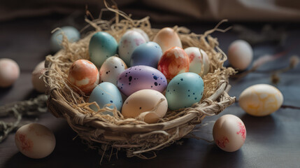 Fototapeta na wymiar Basket full of coloured and painted easter eggs. Generative AI.