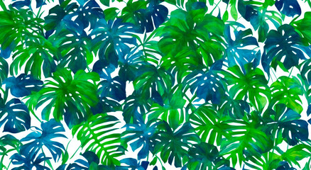 Obraz premium Tropical plants and palm trees, for texture background photo wallpaper. Wallpaper pattern painted in watercolour.Generative AI illustration