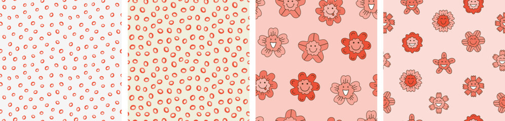 Four creative patterns pack, glad flowers. Diverse endless backdrops, vector floral drawing, surface design with simple shapes.