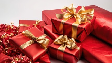 Fototapeta premium Christmas composition. Gifts, red decorations on white background. Christmas, winter, new year concept. Flat lay, top view, copy space. Generative Ai.