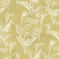 Vector seamless pattern with hand drawn calla branches and leaves on background. Elegant design for print, fabric, wallpaper, card, invitation, cosmetic products package