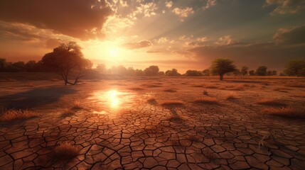 Land with dry and cracked ground. Desert,Global warming background.Conceptual image of climate change. Generative Ai.