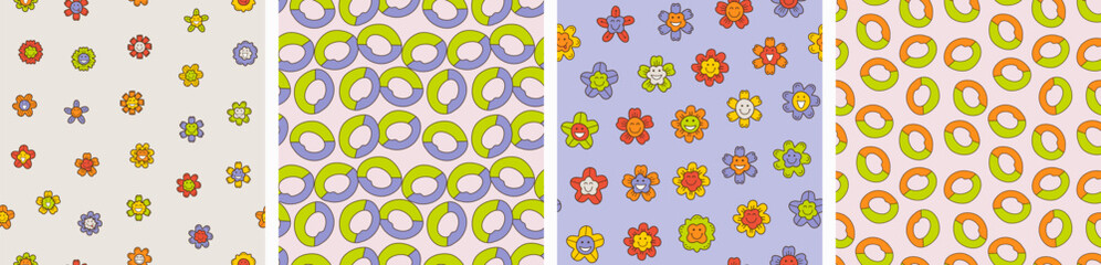 Bundle of four patterns, optimistic flowers. Creative seamless backdrop, blooming, stylish repeating design.