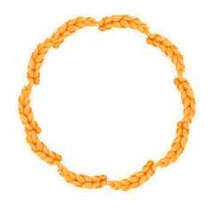 Wreath from spikelet, golden color wheat round frame in cartoon style isolated on white background. For bakery, tags or labels