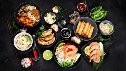 Various of asian meals on rustic background , top view , place for text. Asian food concept.