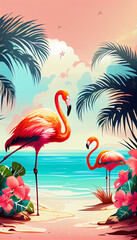 Fototapeta na wymiar Pink flamingo on sand beach, tropical artwork. Generative AI illustration