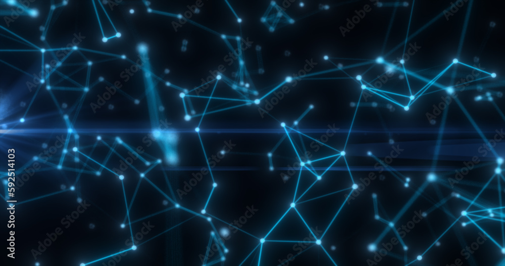 Poster abstract high tech blue glowing lines with dots and plexus triangles, abstract background