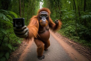 A orangutan monkey taking a selfie with a camera created with generative ai technology