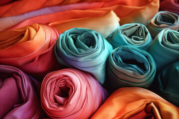 Fabric rolls background, textile retail shop, colorful cloths close up. Generative AI