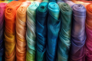 Fabric rolls background, textile retail shop, colorful cloths close up. Generative AI