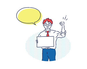 Business person illustration of a male employee in a cheering pose holding a white board