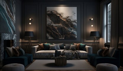 Modern dark theme interior of living room, studio lighting, shadow and light, created using generative AI