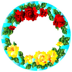 Illustration in the style of a stained glass window with a floral wreath of roses and on a blue background, round image