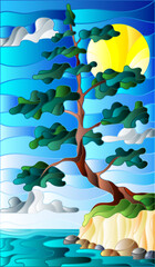 An illustration in the style of a stained glass window with an abstract fir tree against the background of the river bank and the blue sky and the sun